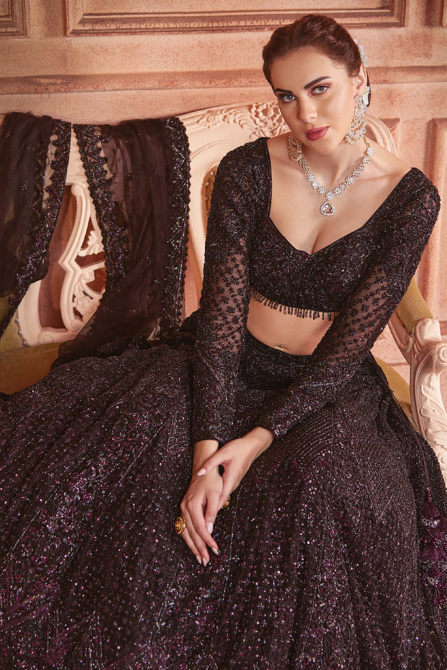 Kalaa Brownie Wine Net Hand Embroidered Bridal Lehenga