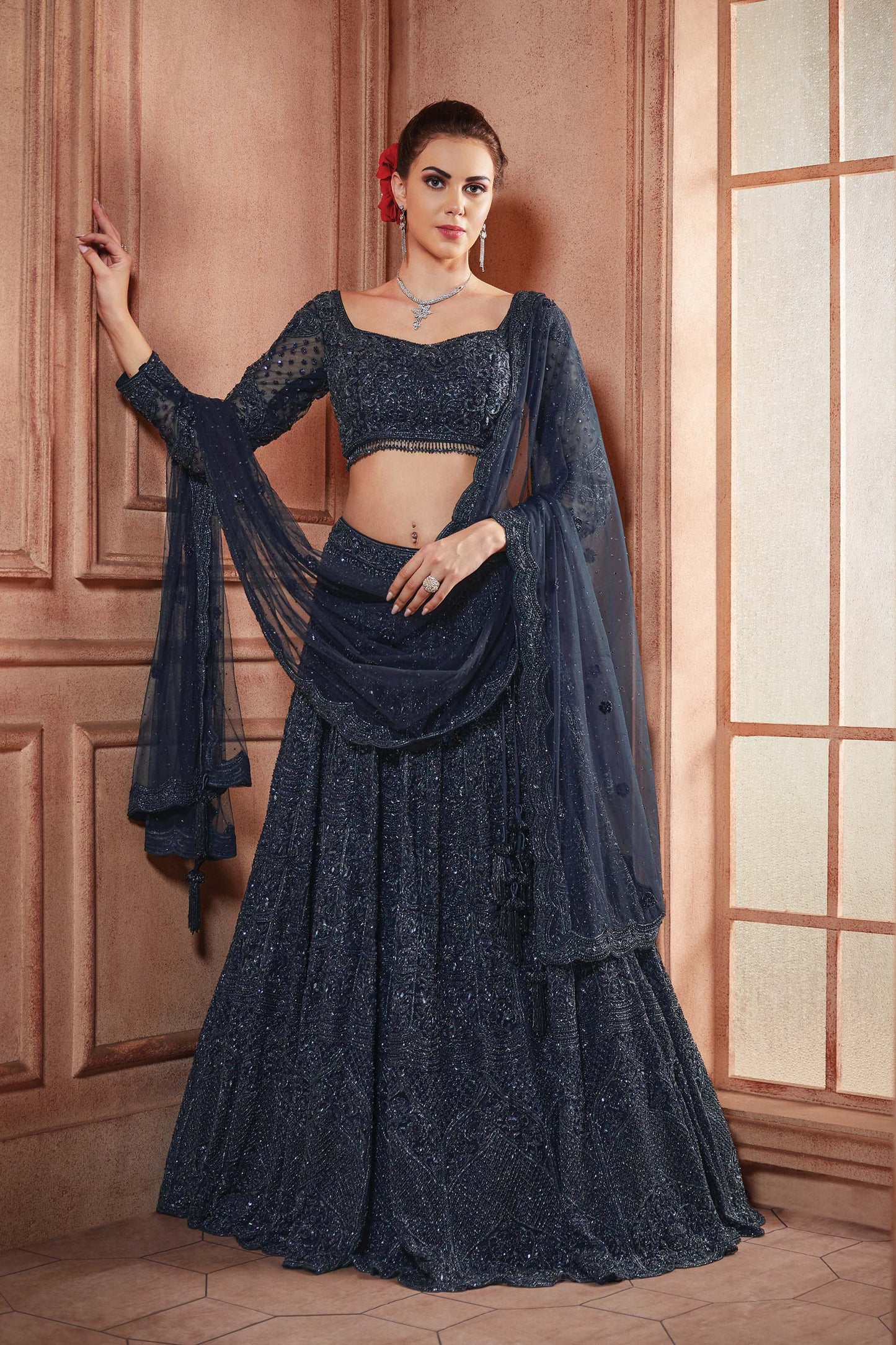 Kalaa Navy Blue Net Hand Embroidered Bridal Lehenga