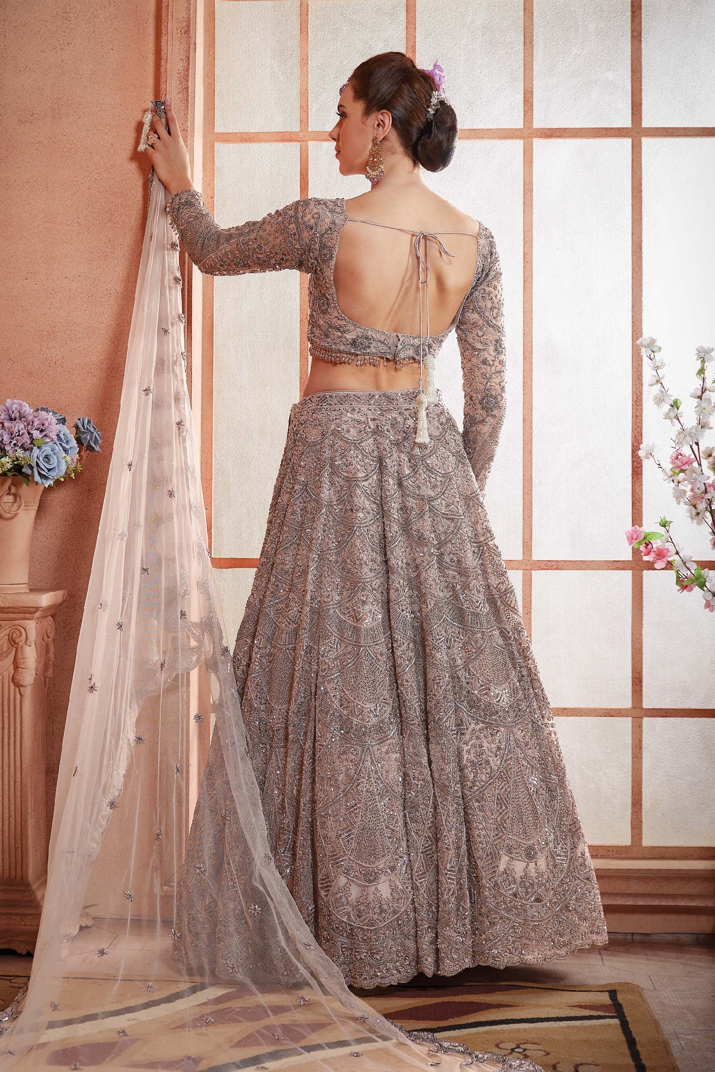 Kalaa Mud Grey Net Hand Embroidered Bridal Lehenga