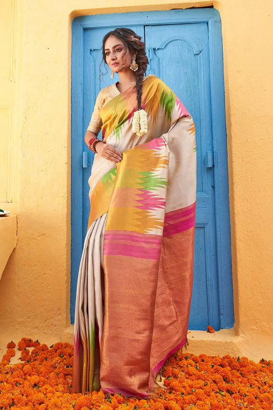 Handloom Gold Pure Silk Kanchi Saree With Temple Border