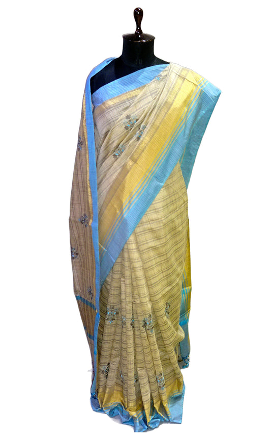Embroidery Work Semi Tussar Saree in Beige and Pastel Blue
