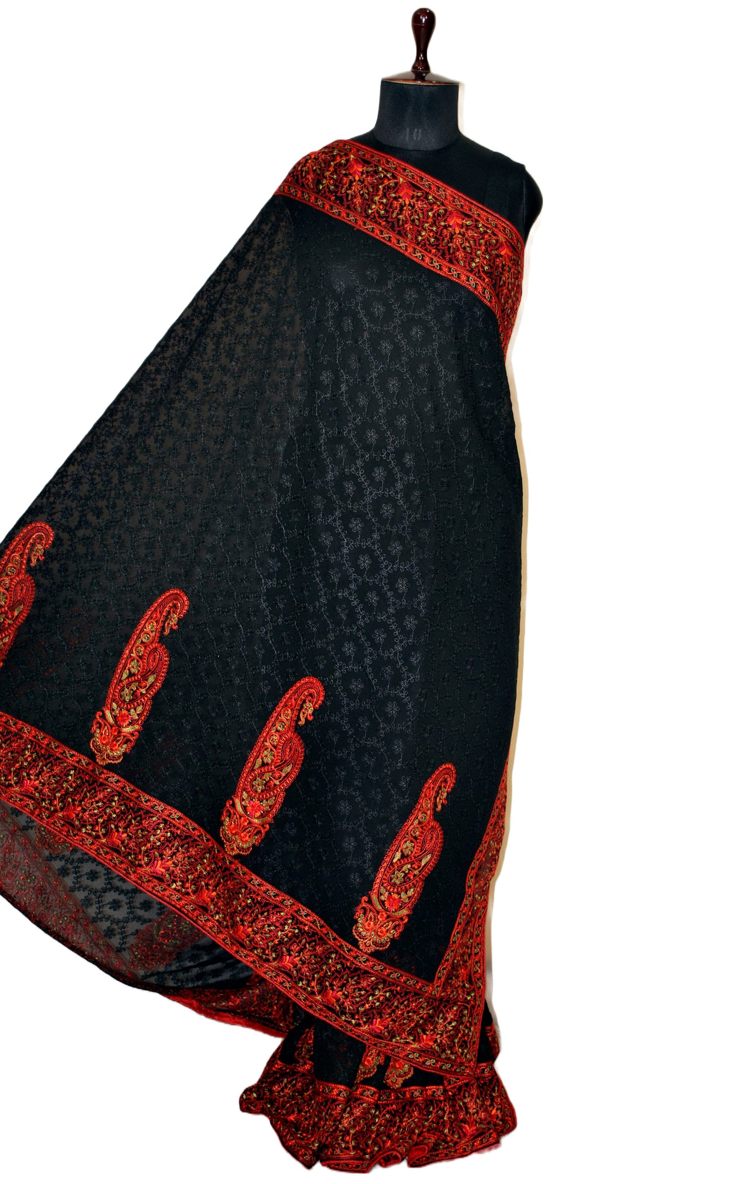 Kashmiri Embroidery Thread Work Georgette in Black, Red and Natural Green