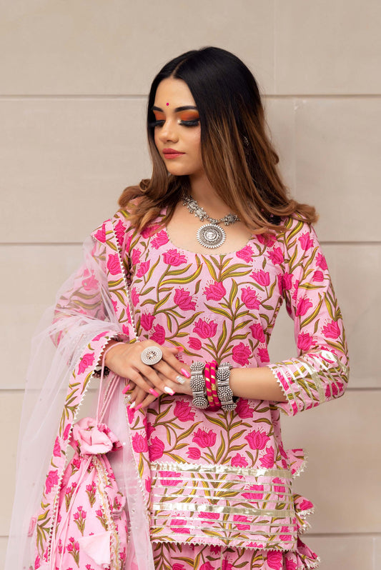 Jarokha Tulsi Pink Cotton Hand Block Skirt set