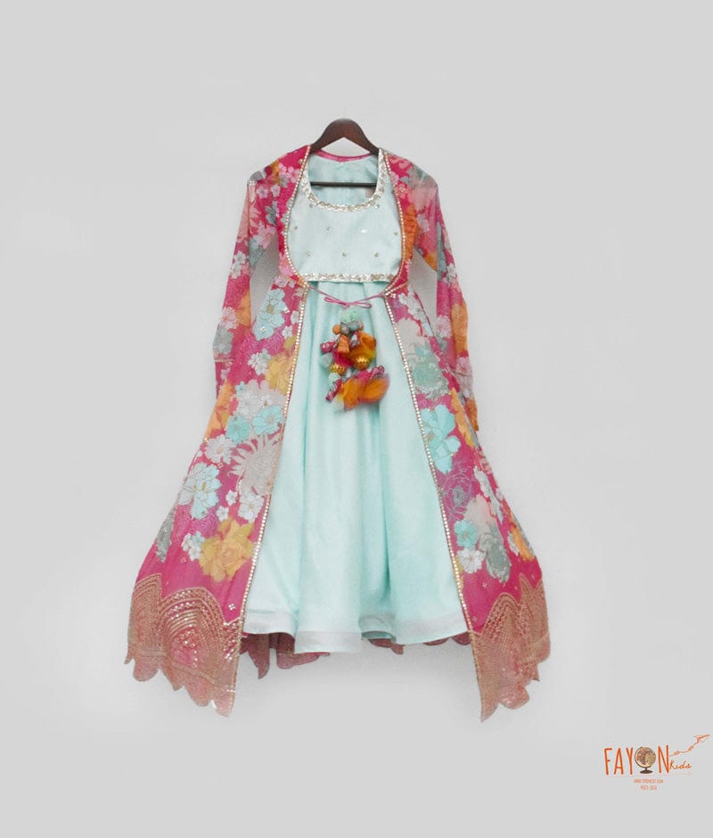 Aqua Blue Silk Lehenga with Choli Printed Jacket for Girls