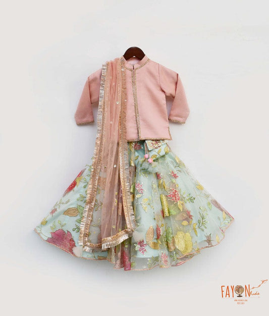 Aqua Net Embroidery Lehenga with Choli Silk Jacket for Girls