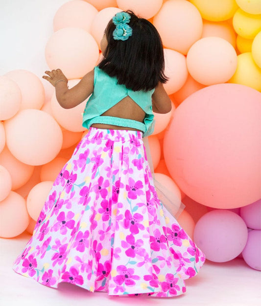 Aqua Soft Sequin White Printed Crop Top with Skirt for Girls