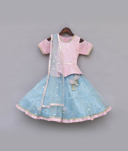 Baby Pink Embroidery Blue Boti Net Anarkali with Boti Net Dupatta for Girls