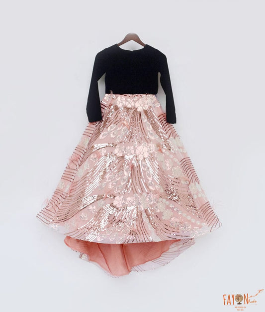 Black Velvet Peach Sequins Embroidery Lehenga with Choli for Girls