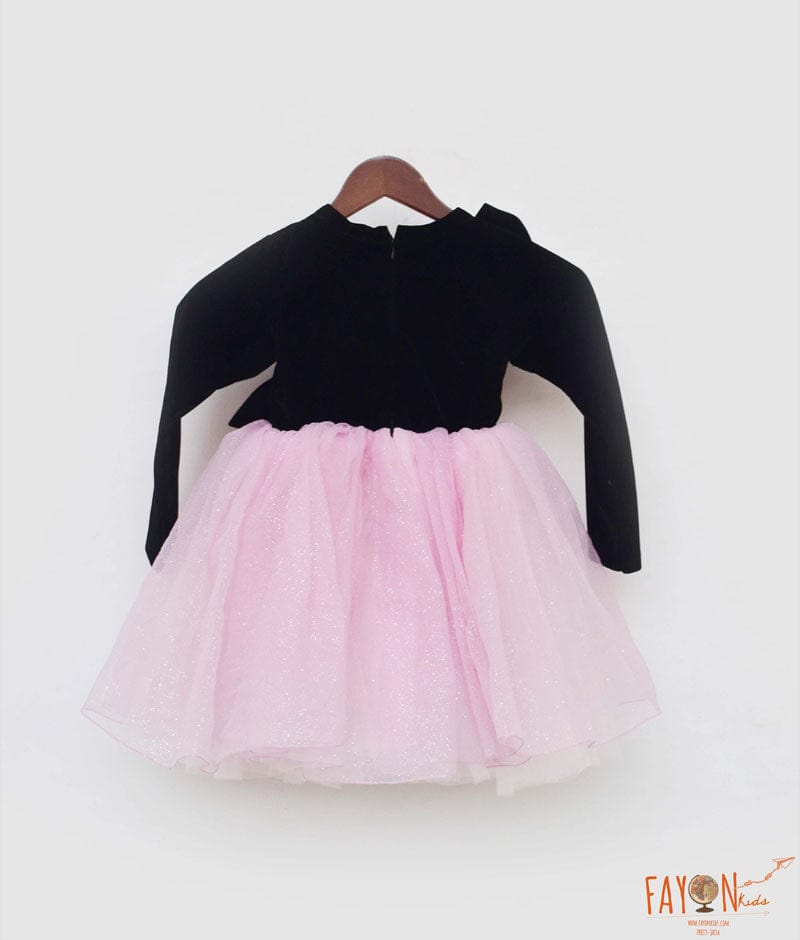 Black Velvet Pink Glitter Organza Frock for Girls