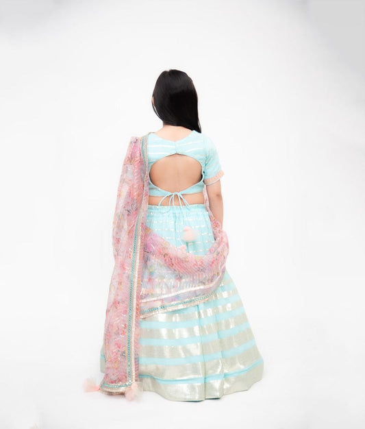 Blue Georgette Embroidery Lehenga with Choli Printed Organza Dupatta for Girls
