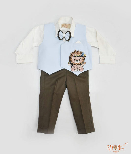 Blue Lion Motif Waist Coat with Off white Shirt Brown Pant for Boys