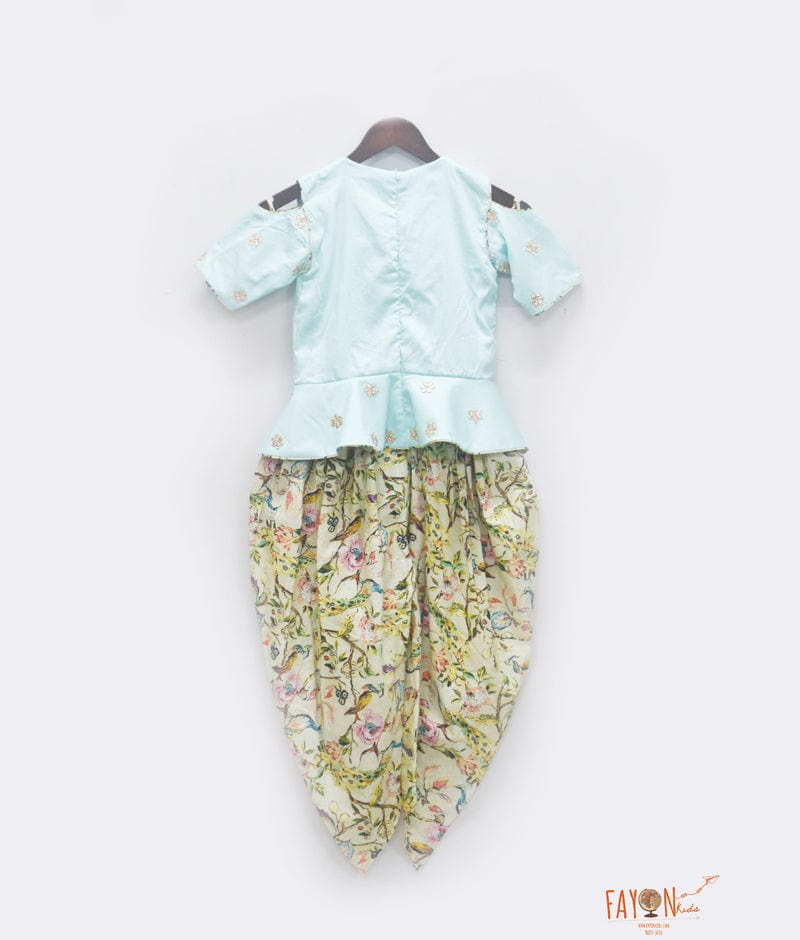 Blue Silk Peplum Printed Dhoti Set for Girls