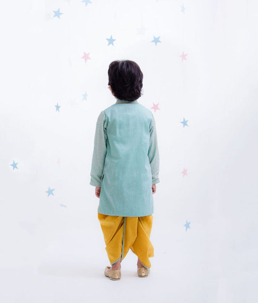 Blue Zig Zag Gota Kurta with Yellow Dhoti for Boys