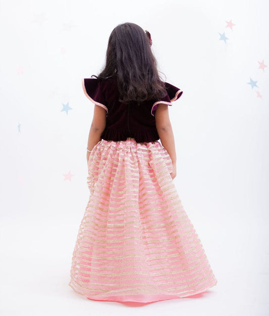 Burgundy Velvet Pink Gota Embroidery Lehenga with Top for Girls