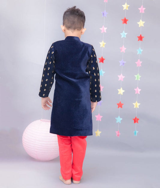 Dark Blue Velvet Achkan with Pant for Boys