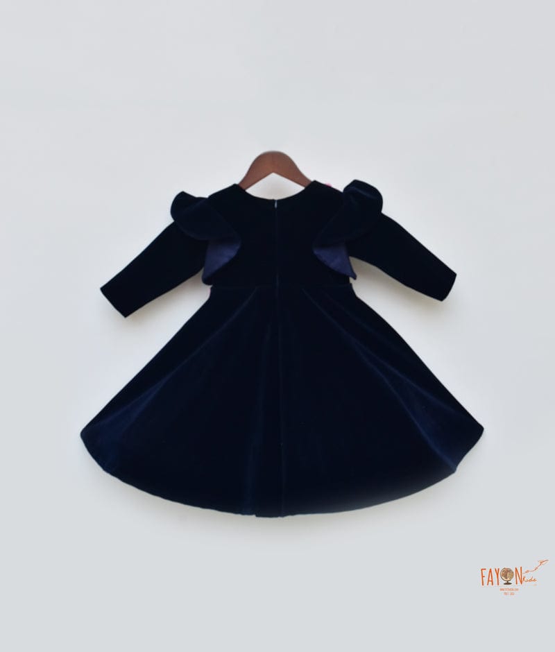 Dark Blue Velvet Dress with 3D Flowers for Girls