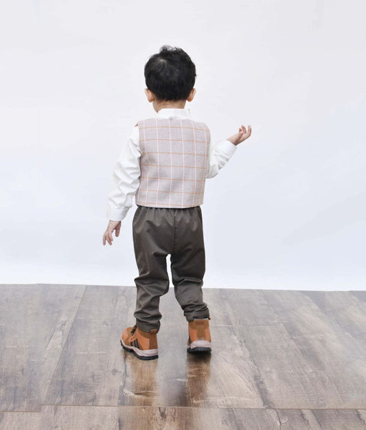 Dusty Brown Check Waist Coat with White Shirt Brown Pant for Boys