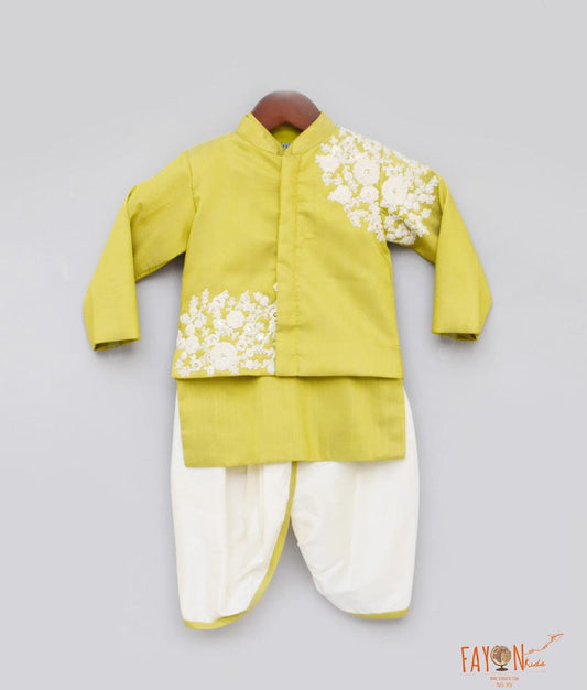Green Embroidery Jacket with Kurta Dhoti for Boys