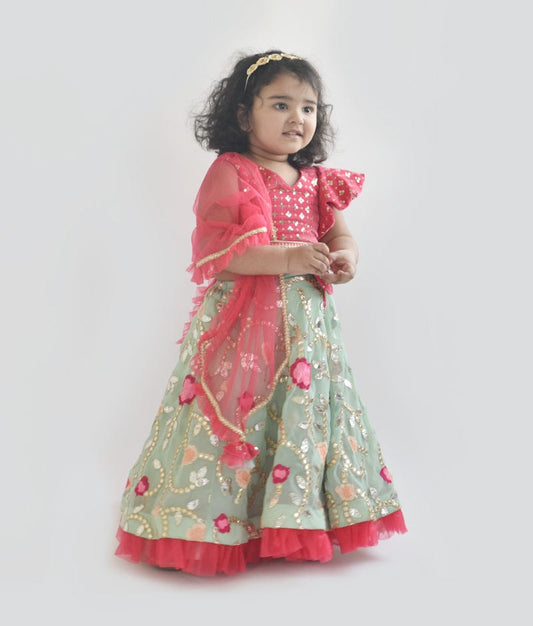 Green Georgette Embroidery Lehenga Pink Velvet Choli Net Dupatta for Girls