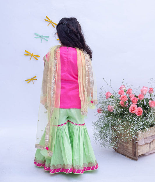 Hot Pink Dupion Silk Green Cotton Silk Sharara with Kurti Boti Net Dupatta for Girls