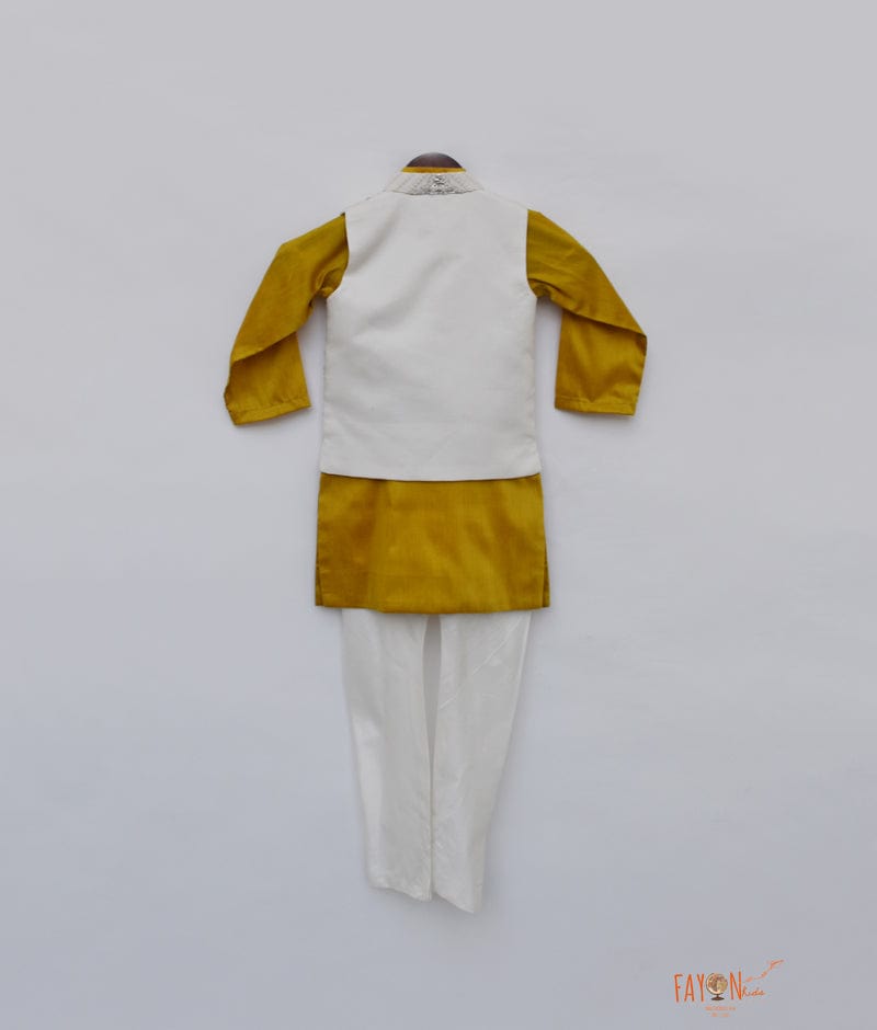 Off white Embroidery Nehru Jacket with Musterd Yellow Kurta Chudidar for Boys