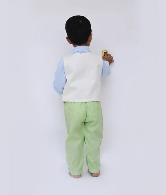 Off white Waist Coat and Blue Shirt Green Pant for Boys