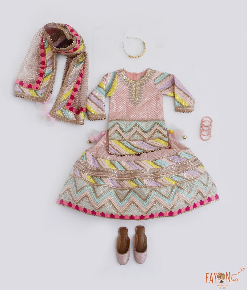 Peach Gotta Kurti with Lehenga Dupatta Set for Girls