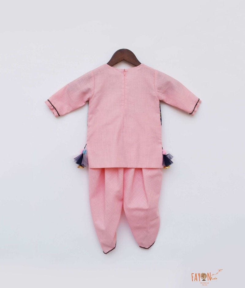 Pink Cotton Blue Velvet Jacket Dhoti Set for Girls