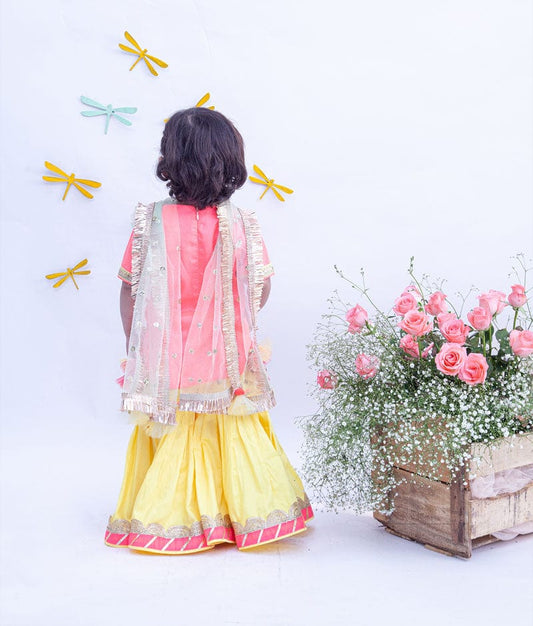 Pink Croma Silk Yellow Cotton Silk Sharara with Kurti Boti Net Dupatta for Girls