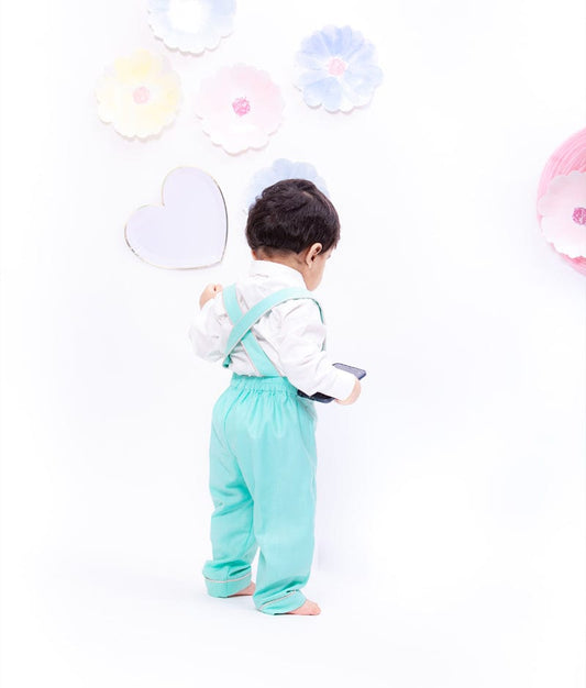 White Shirt with Suspenders Aqua Pants for Boys