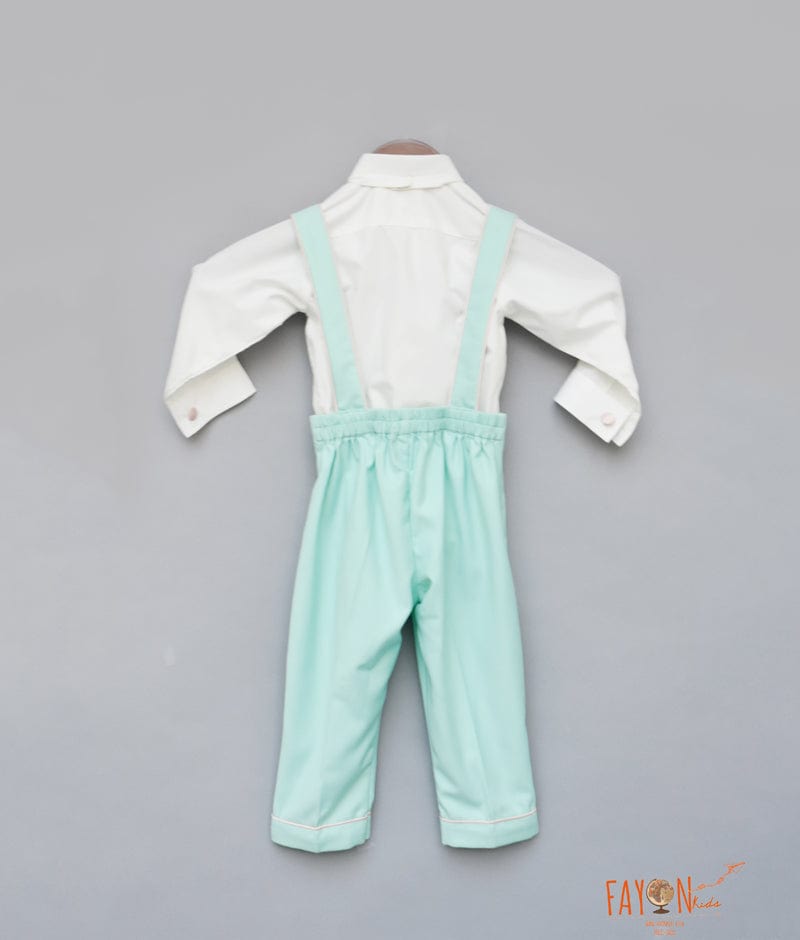 White Shirt with Suspenders Aqua Pants for Boys