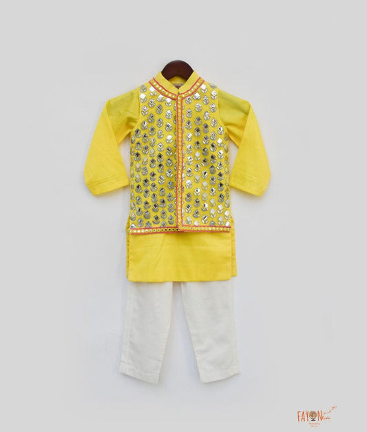 Yellow Mirror Work Jacket with Kurta Pant for Boys