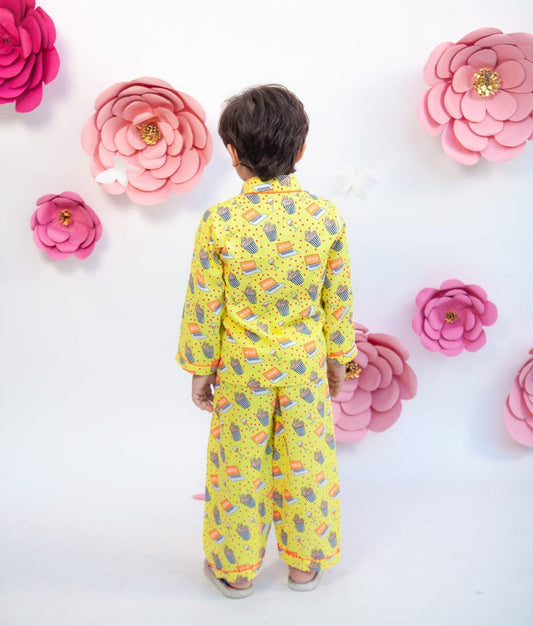 Yellow Printed Shirt with Pajama for Boys