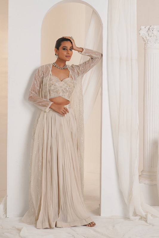 Off White organza Indowestern with cut dana and bid work