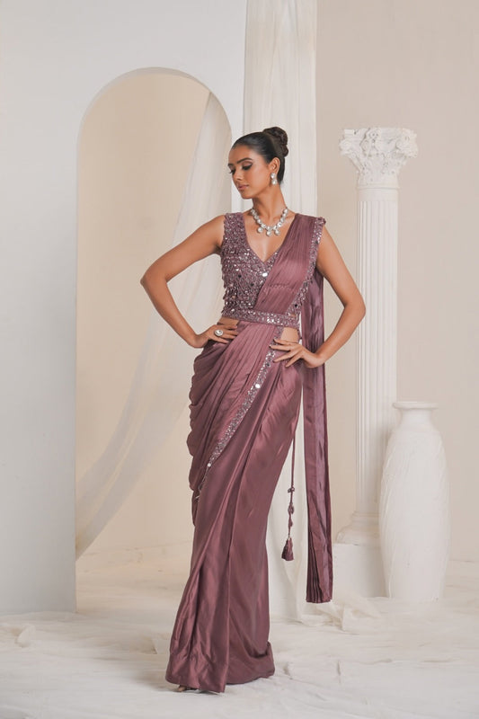 Mauve crepe silk saree with mirror work