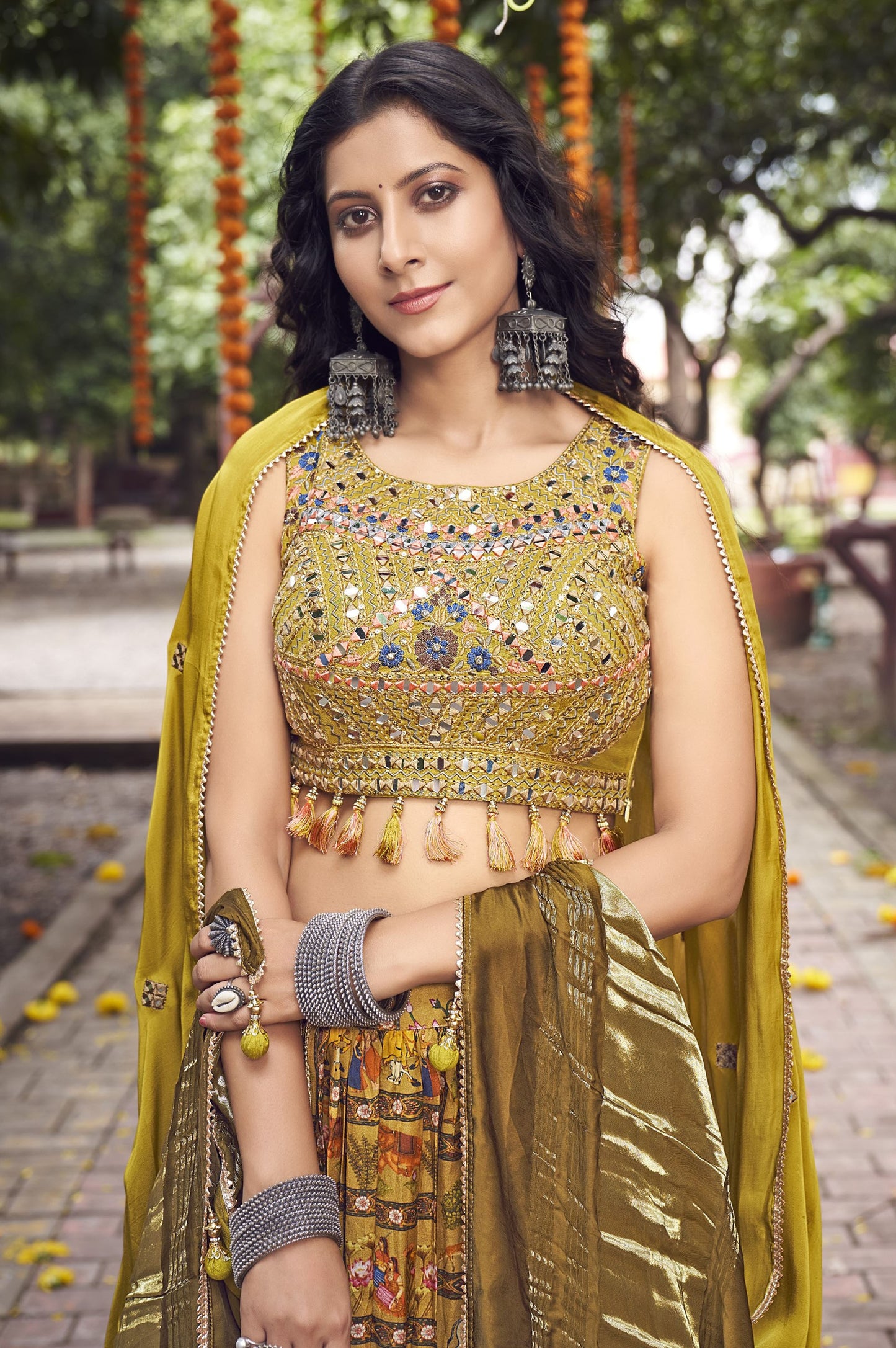 Green Satin Silk Mirror Work Mehendi lehenga