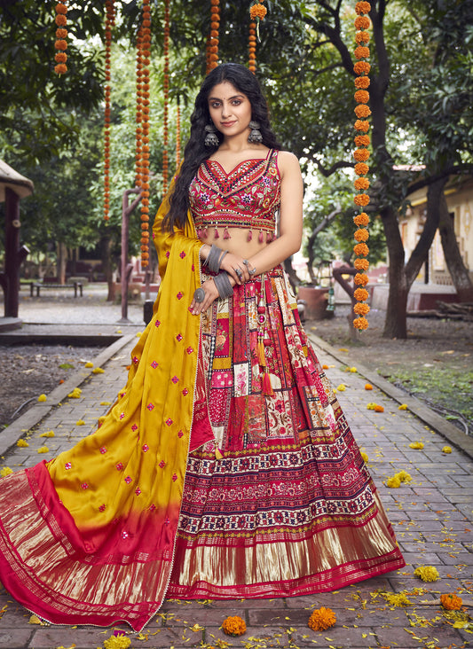 Red Satin Silk Mirror Work Engagement lehenga