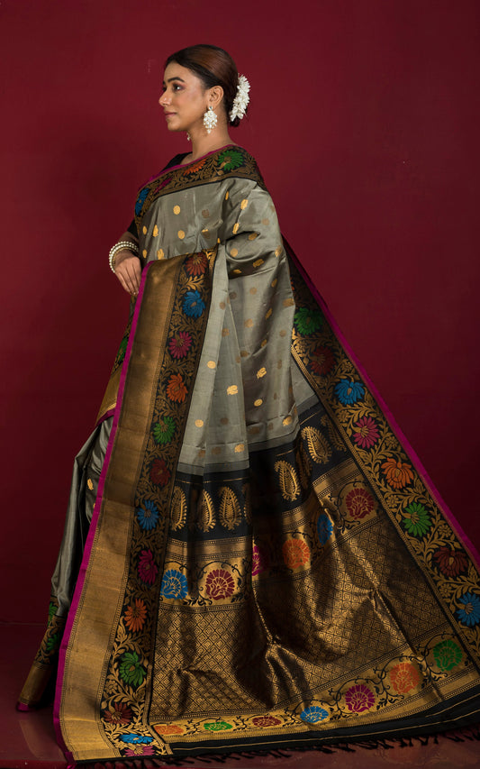 Handwoven Floral Minakari Nakshi Work Border Gadwal Silk Saree in Metallic Gray, Antique Golden and Multicolored Weave