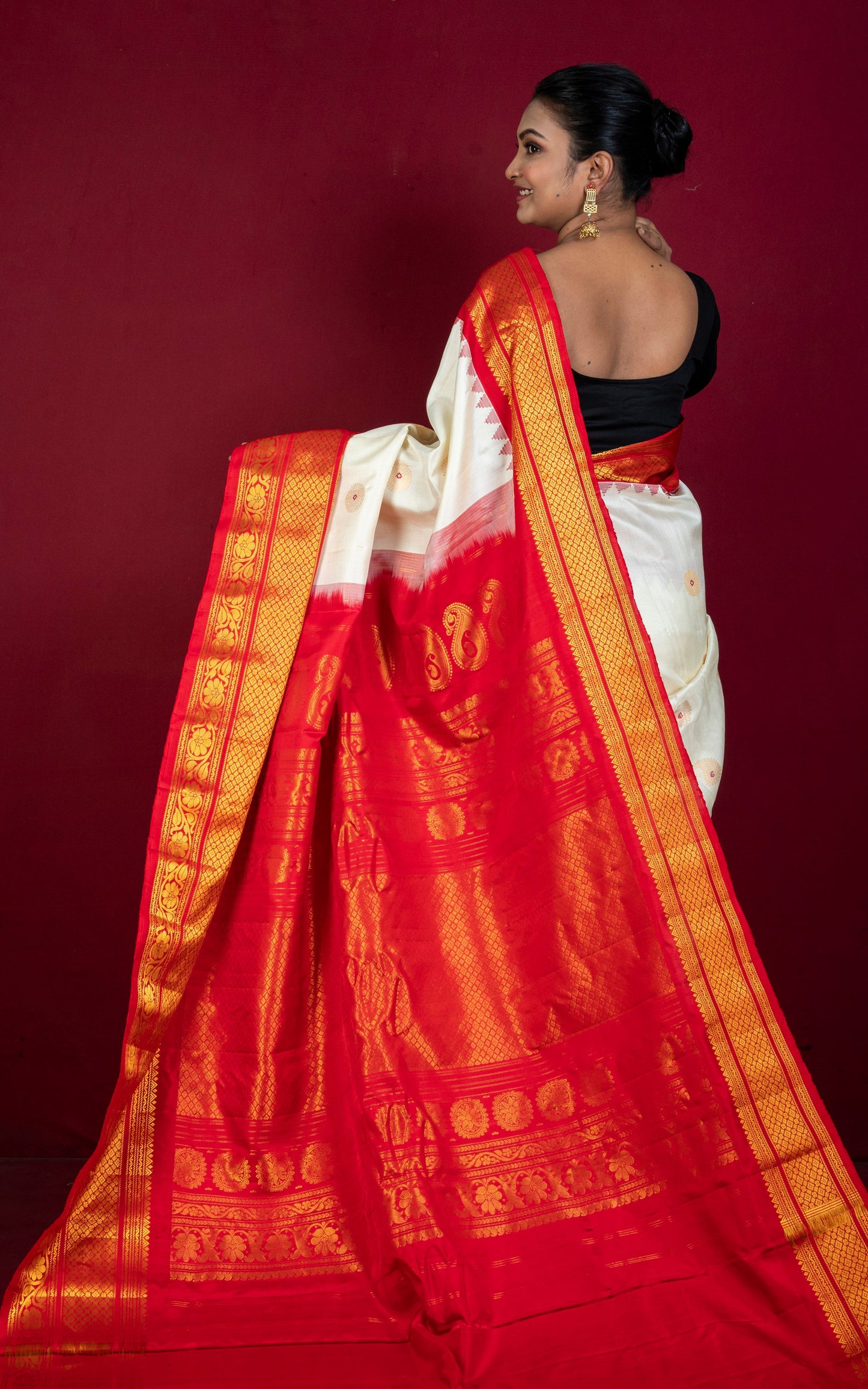 Exclusive Woven Mahapar Gadwal Silk Saree in Off White, Red and Golden Zari Weave