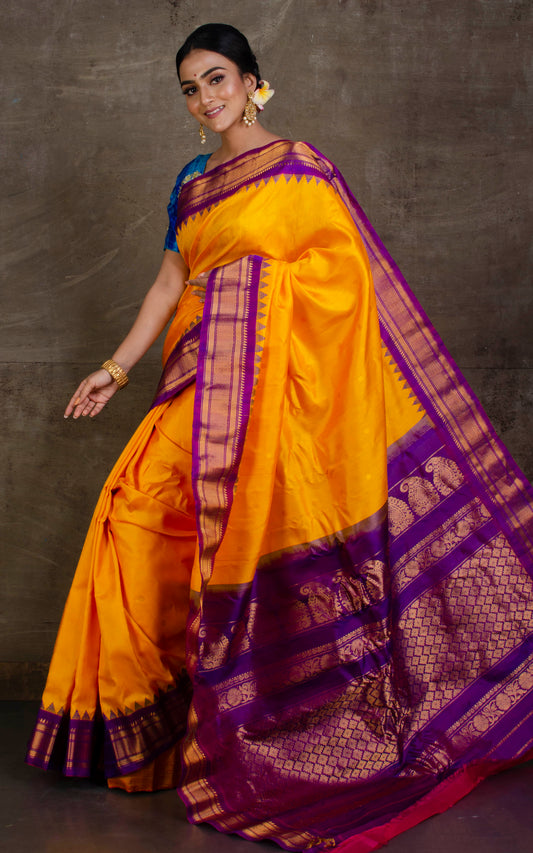 Exclusive Gadwal Silk Saree in Golden Yellow and Purple