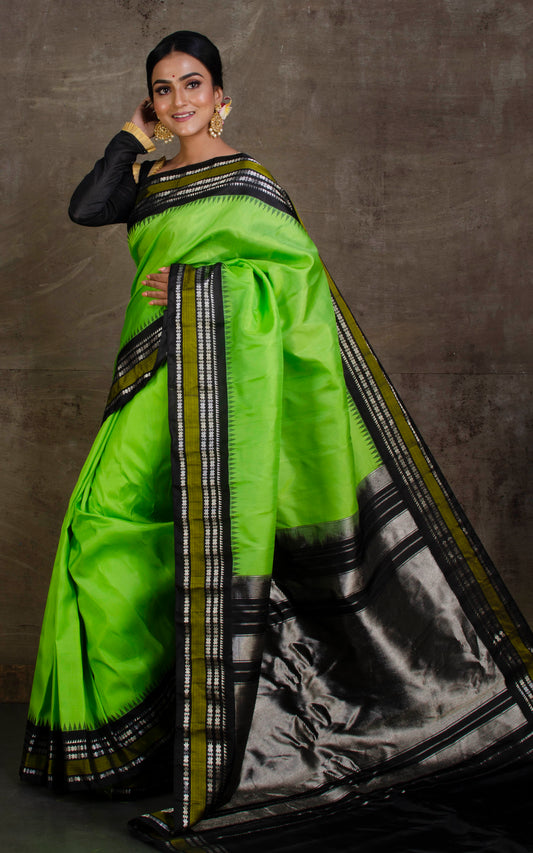 Pure Silk Gadwal Silk Saree in Chartreuse Green, Olive Green, Black and Silver Zari Work