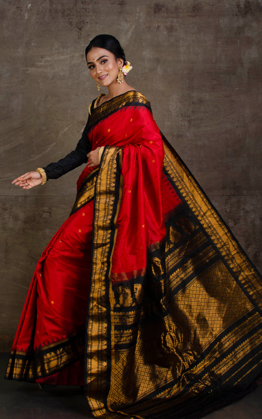 Exclusive Gadwal Silk Saree in Crimson Red, Black and Golden Zari Work
