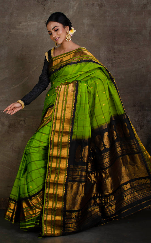 Exclusive Checks Gadwal Seiko Silk Saree in Pear Green, Black and Gold