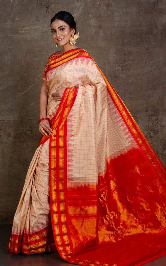 Pure Silk Checks Gadwal Silk Saree in Parmesan, Vermillion Red and Gold
