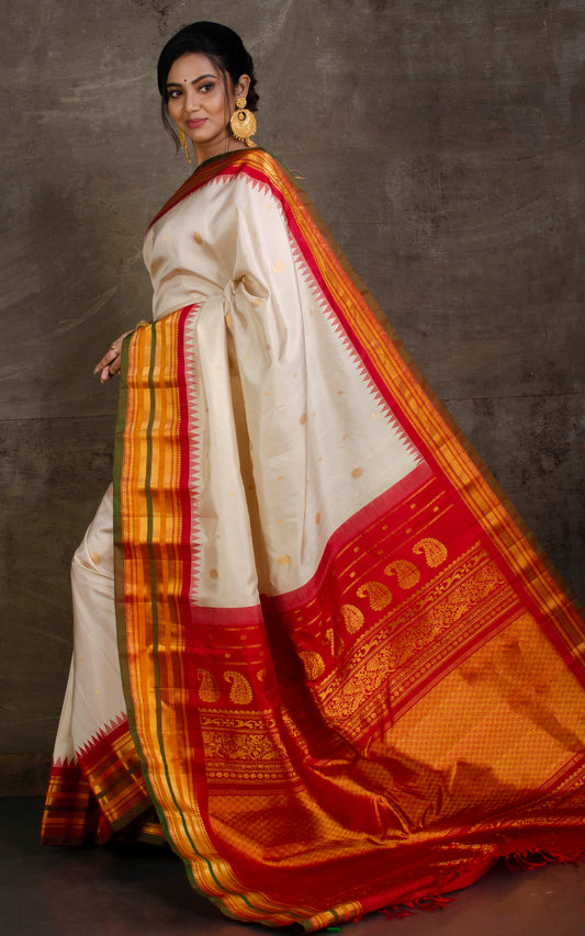 Exclusive Gadwal Silk Saree in Off White, Red, Dark Green and Mustard Golden