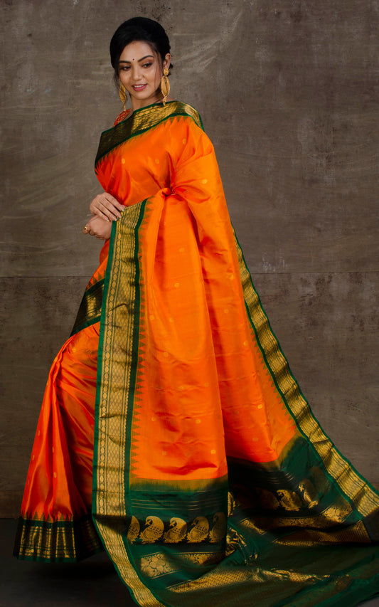 Exclusive Gadwal Silk Saree in Princeton Orange, Forest Green and Golden Zari Work