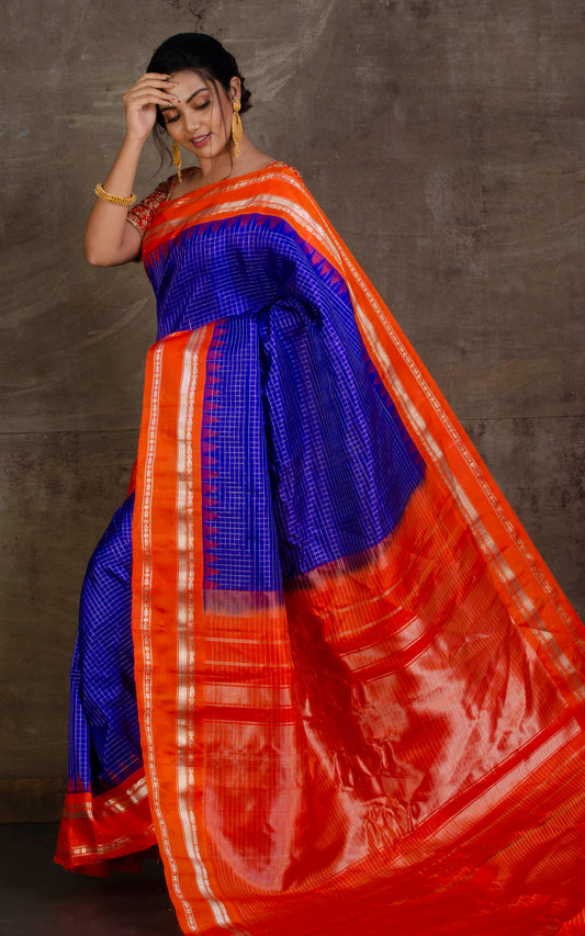 Pure Silk Checks Gadwal Silk Saree in Cobalt Blue, Orange and Silver Zari Work