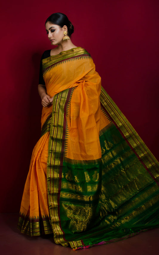 Exclusive Gadwal Seiko Silk Saree in Sunset Yellow, Green and Dark Brown