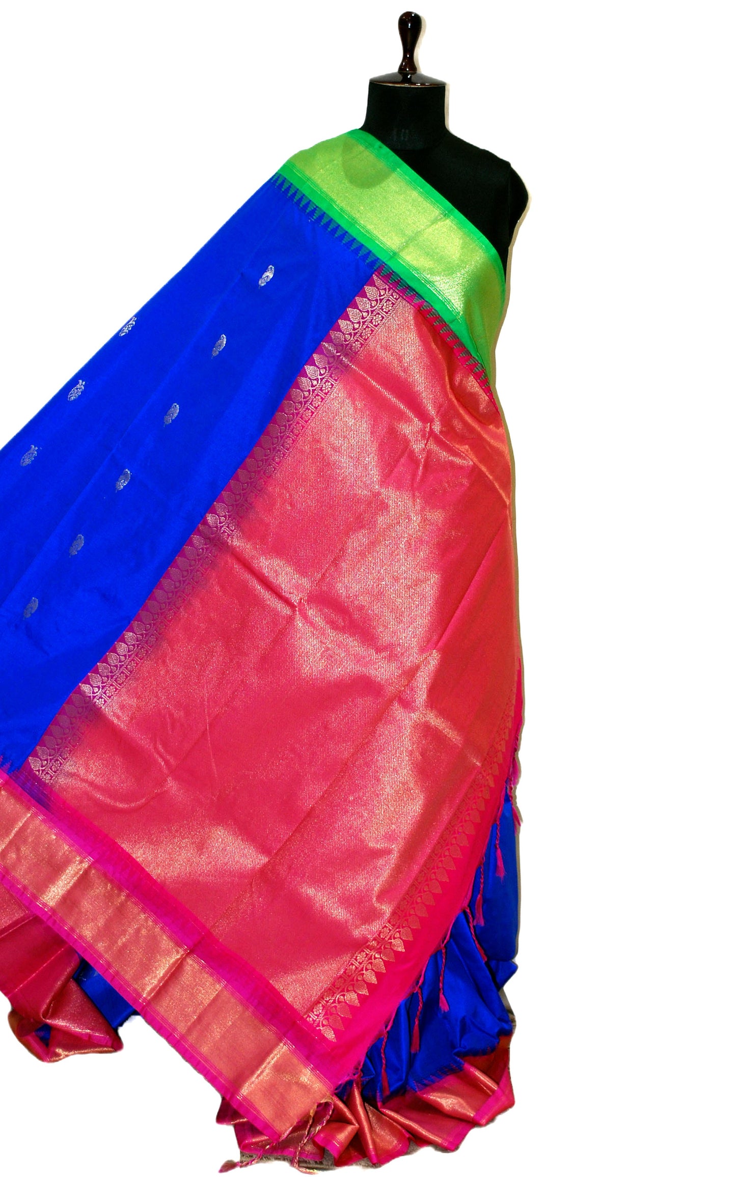 Blended Gadwal Silk Saree in Royal Blue, Hot Pink and Gel Green