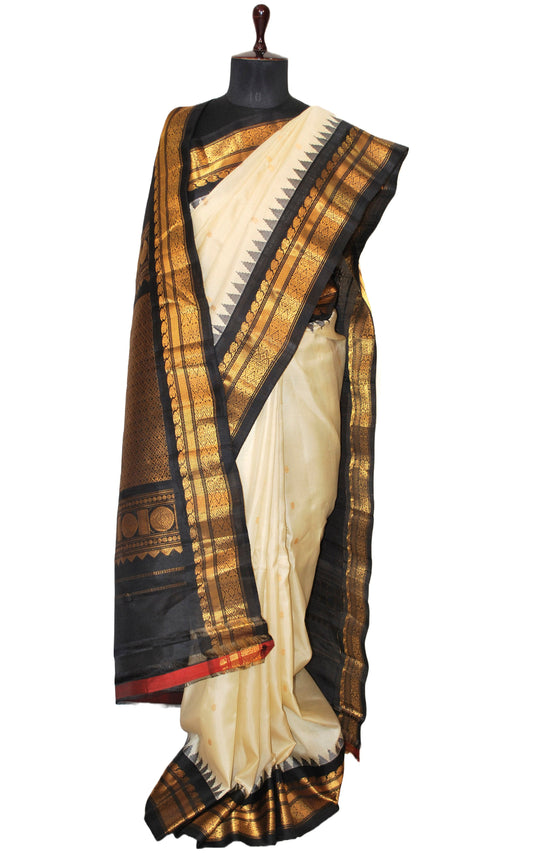 Exclusive Gadwal Silk Saree in Off White, Zed Black and Golden Zari Work